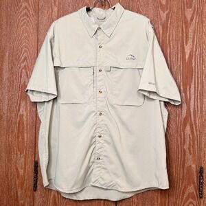 LL Bean Men XXL REG Fishing Shirt UPF 50 Short Sleeve Button Front Beige Outdoor